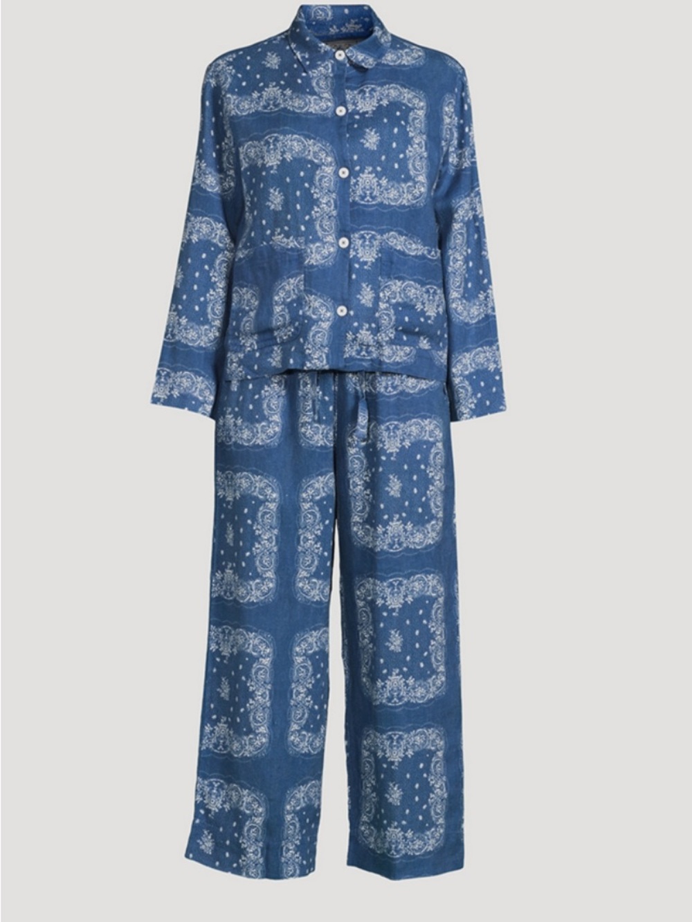 Desmond & Dempsey- long sleeve PJ set in Bandana Print Navy/Cream